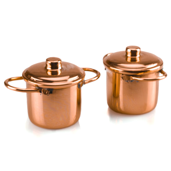 Two Handcrafted Miniature Copper Pots displayed